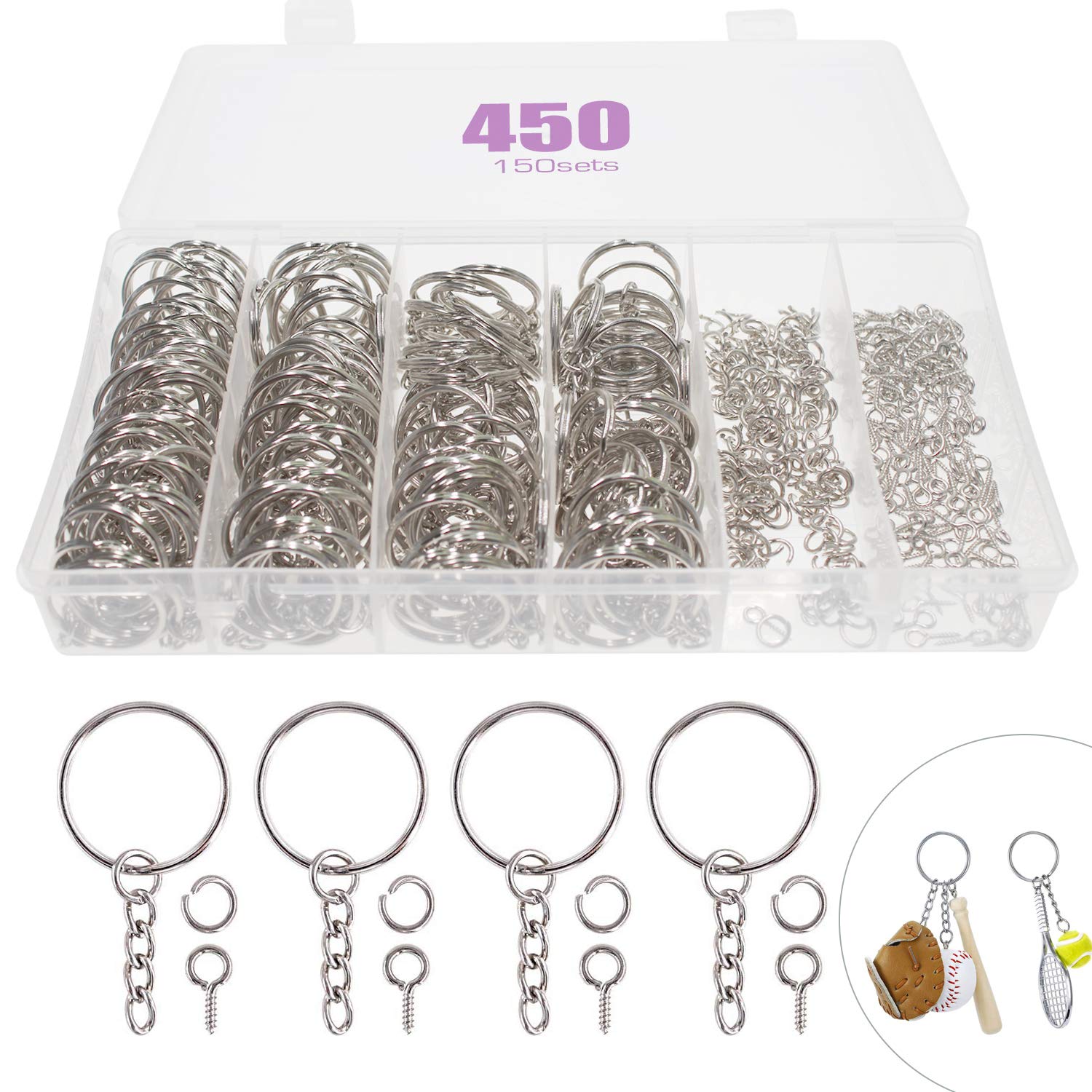 WZYTEU Keyring kit, 150pcs Key Ring with Link Chain 150pcs Open Jump Rings 150pcs Eye Screws and 1pcs Organizer Box, for DIY Art Craft Jewellery Making