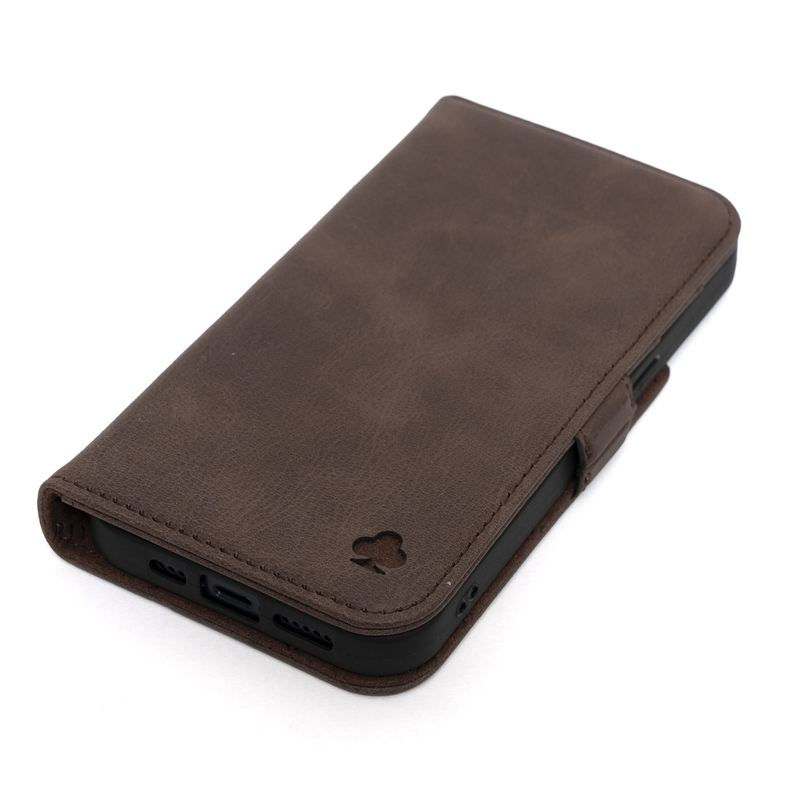 PORTER RILEY - Leather Case for iPhone 14. Premium Genuine Leather Stand/Cover/Wallet/Flip Case with [Card Slots] [Horizontal Stand] [Durable Frame] (Chocolate Brown)