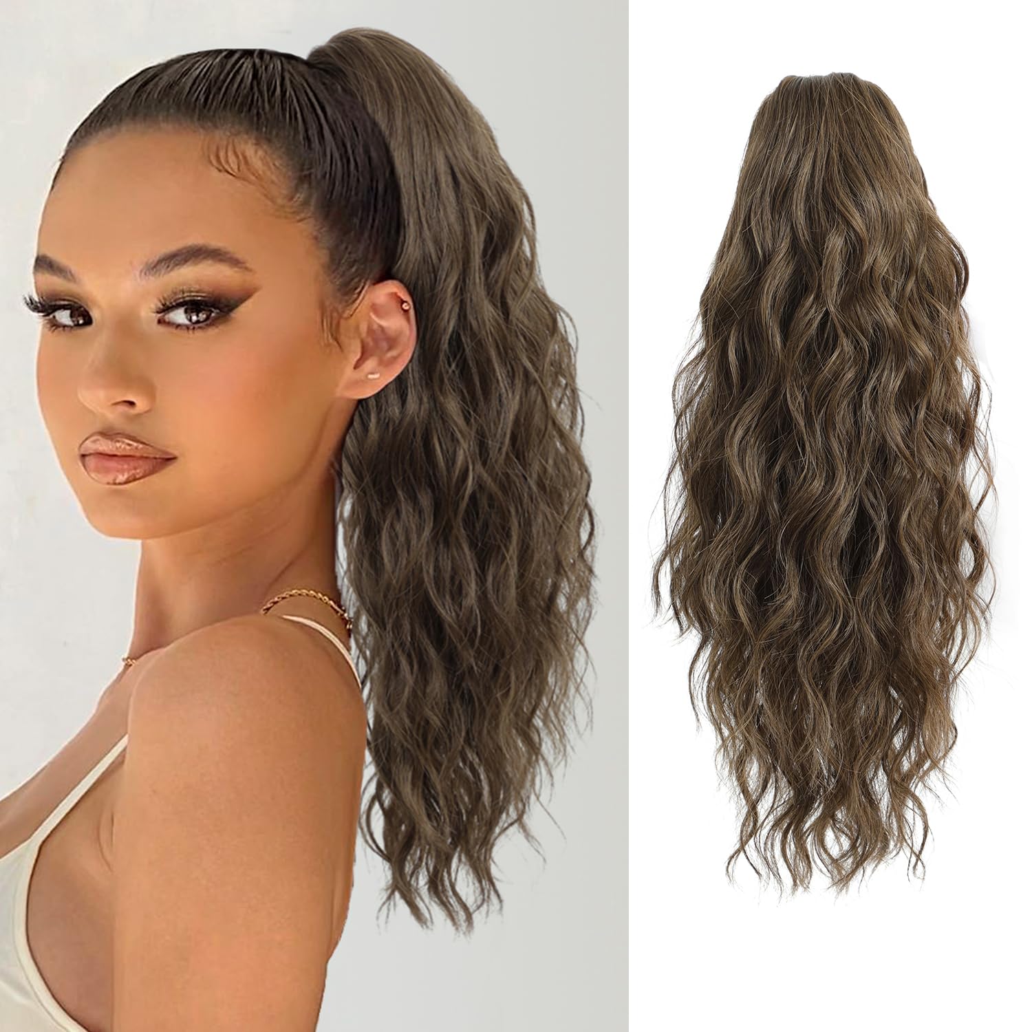 FINE PLUS Ponytail Extension,18inch Claw Ponytail Hair Extensions for Women Long Curly Wavy Ponytail Natural Wavy Highlights Synthetic Hairpiece for Women Daily Use party-Blonde with Brown Highlights — image 1