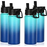 Volhoply 16 OZ Kids Water Bottle Bulk 4 Pack,Insulated Sports Bottles with Straw Lid,Stainless Steel Bottle with Handle Keep Cold & Hot,Double Wall Vacuum Tumbler Cups for School(Green Blue, 4)