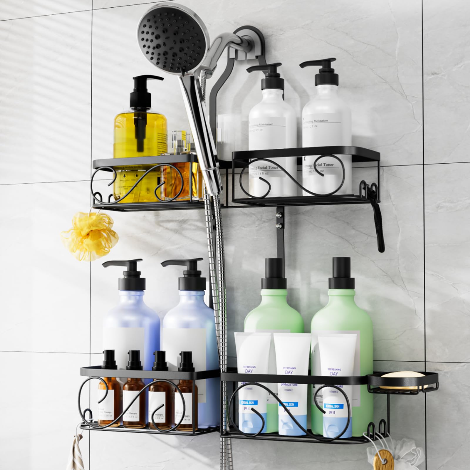 Photo 1 of Kadolina Shower Caddy Hanging for Handheld Showerheads, Rustproof Stainless Steel Shower Organizer, Bathroom Organizer Rack with Soap Dish, Over The Showerhead Caddy with Hooks for Razor/Sponge, Black