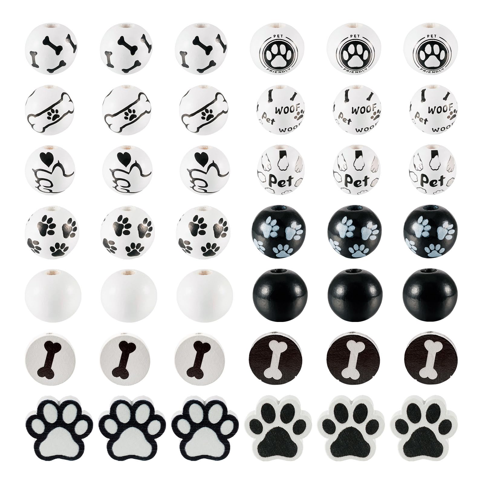Crafans 200Pcs Natural Wooden Beads - Paw Print & Flat Round Styles, Black/White Dog Pattern Spacers for Jewelry Making — image 1