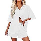 Ekouaer Pajamas for Women Waffle Knit Lounge Set Button Down Loungewear Soft Short Sleeve Pjs Shorts Set S-XXL