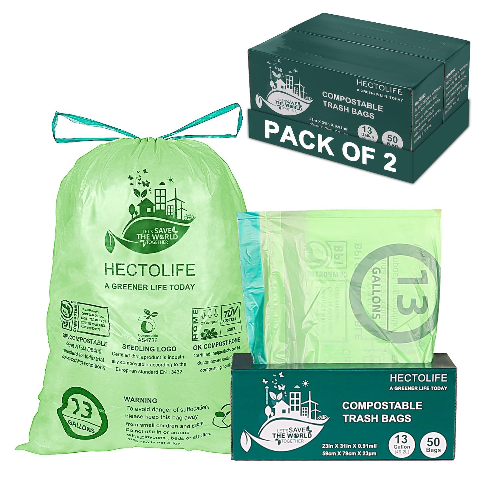 Photo 1 of 13 Gallon,100 Count, Compostable Trash Bags with Drawstring,Tear Resistant Kitchen Food Scrap Waste Bag, ASTM D6400, US BPI and Europe OK Compost Home Certified