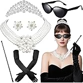 6 PCS 1920s Accessories,20s Accessories Pearl Necklace Earrings Gloves Sunglasses,Flapper Party Cosplay Jewlery Set for Flapper Party Cosplay Multi