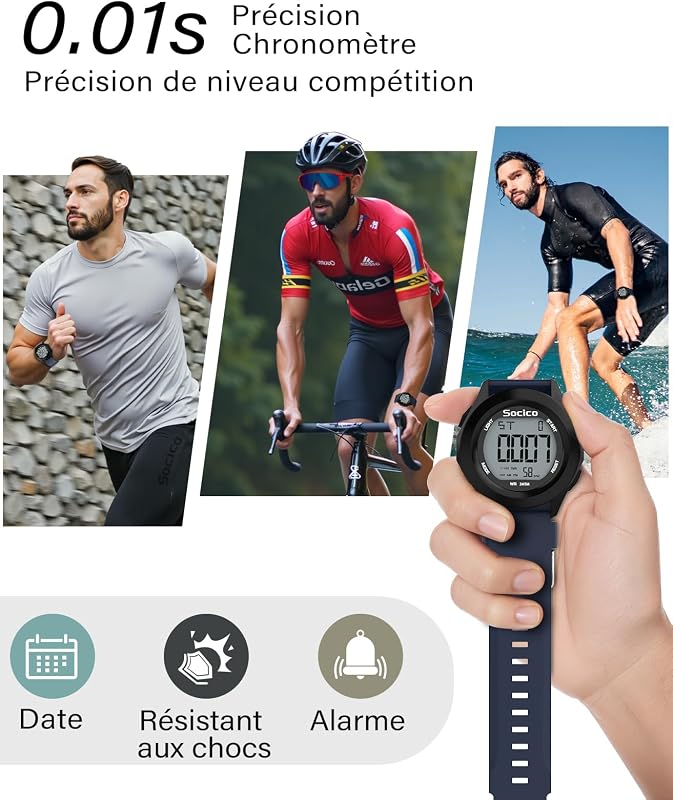 Montre Numérique de Sport Militaire pour Homme, Étanche Chronographe d'extérieur avec éclairage LED Alarme de Date (Bleu) — photo 4 sur 7
