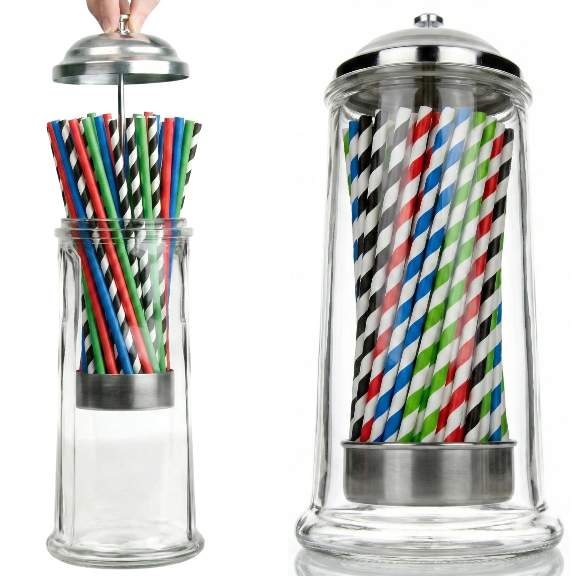 Drinkstuff Glass Straw Dispenser – Retro 21cm Diner‑Style Straw Holder with Chrome Lift Top, Holds Over 100 Straws, Hygienic Storage for Milkshake Straws, Bars, Cafe & Home Entertaining