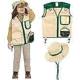 Safari Costume Cargo Vest and Hat for Kids, Outdoor Explorer Kits and Role Play for Park Ranger, Paleontologist, Zookeeper, Jane Goodall Costume,Great Backyard Safari Gift for Adventure Boys and Girls