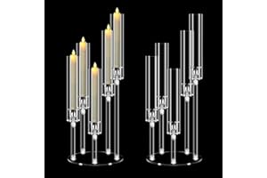2 Set 5 Arm Acrylic Candle Holder, Mjkeomo 22'' Tall Candelabra Centerpieces for Tables, Candlesticks Holder with Lampshade for Housewarming Gift Fireplace Dinner Decor Fit 0.82'' LED Candle