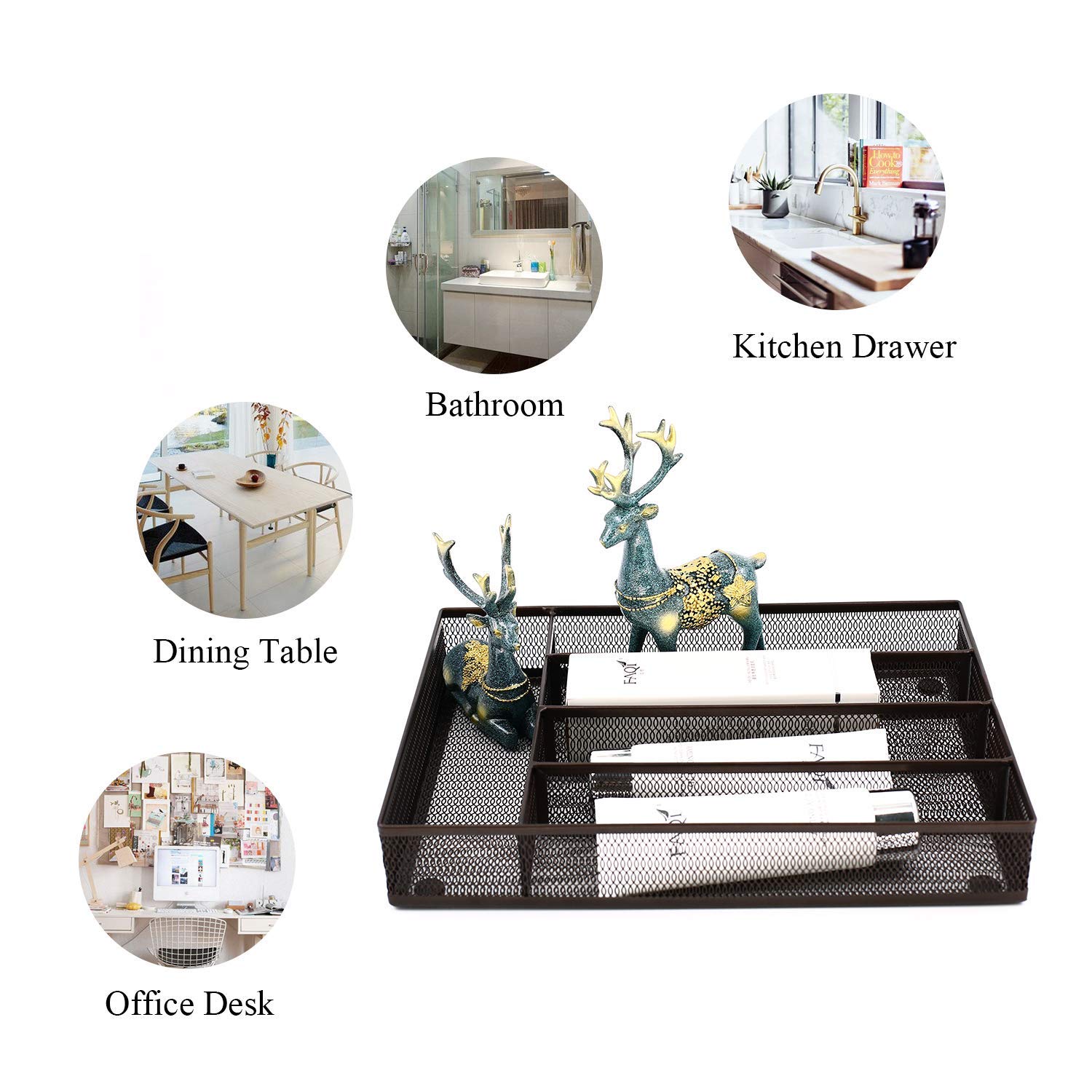 QZDJG Flatware Tray Utensil Drawer Organizer Kitchen Utensil Cutlery Tray Mesh Designing with Foam Feet Multi Compartments Keep Desk Drawer and Office Supplies Well Organized (Brown)