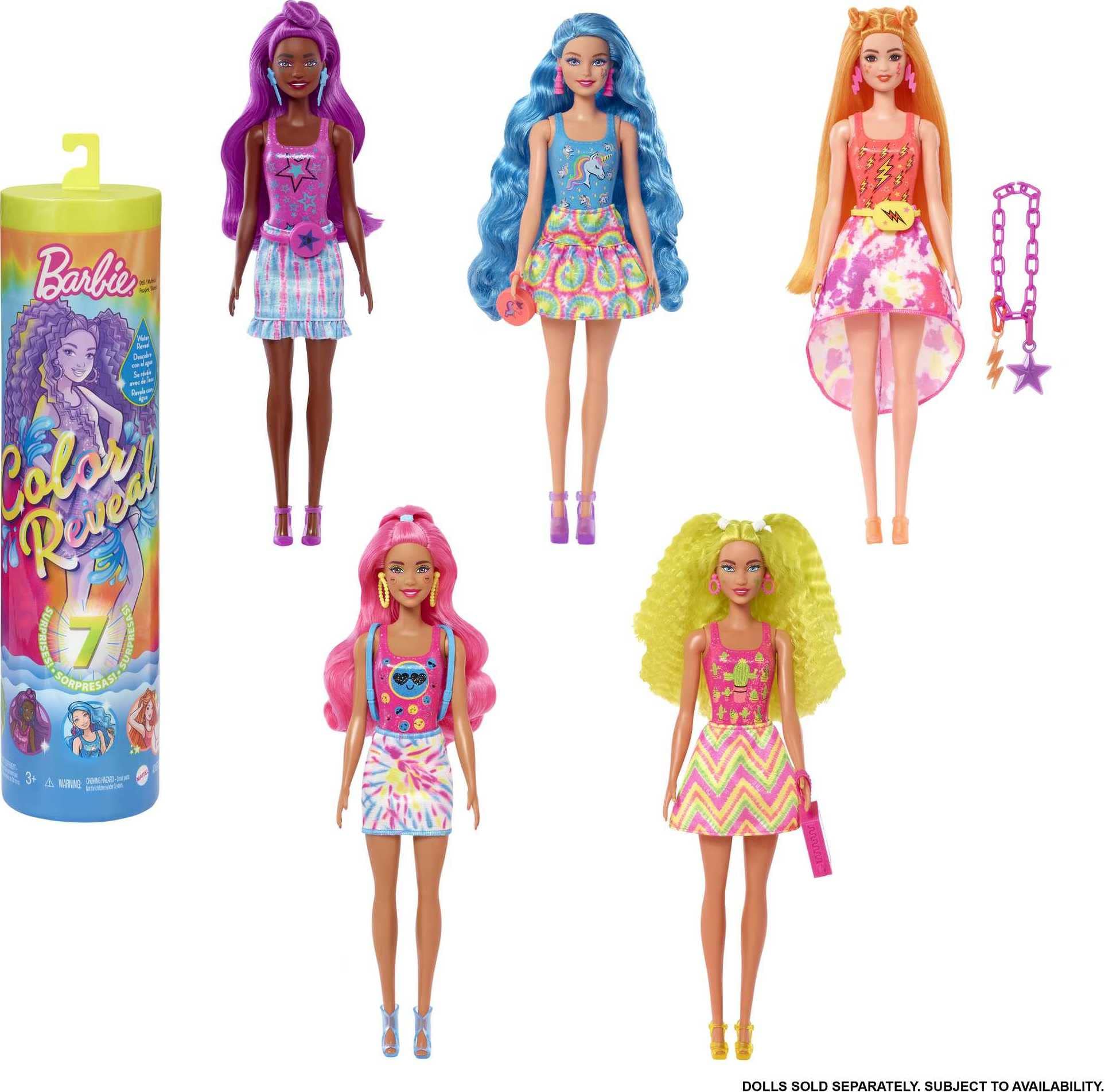 Barbie Color Reveal Doll with 7 Unboxing Surprises, Neon Tie-Dye Series with Print & Color Change; Gift for Kids 3 Years & Older