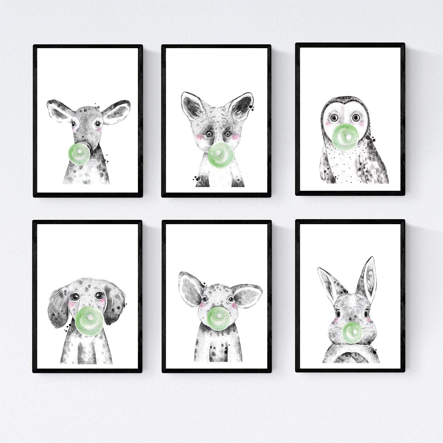 Nacnic September 6 posters baby animals with bubblegum. Pig Cow Rabbit Fox Owl Perro.Tamao A4