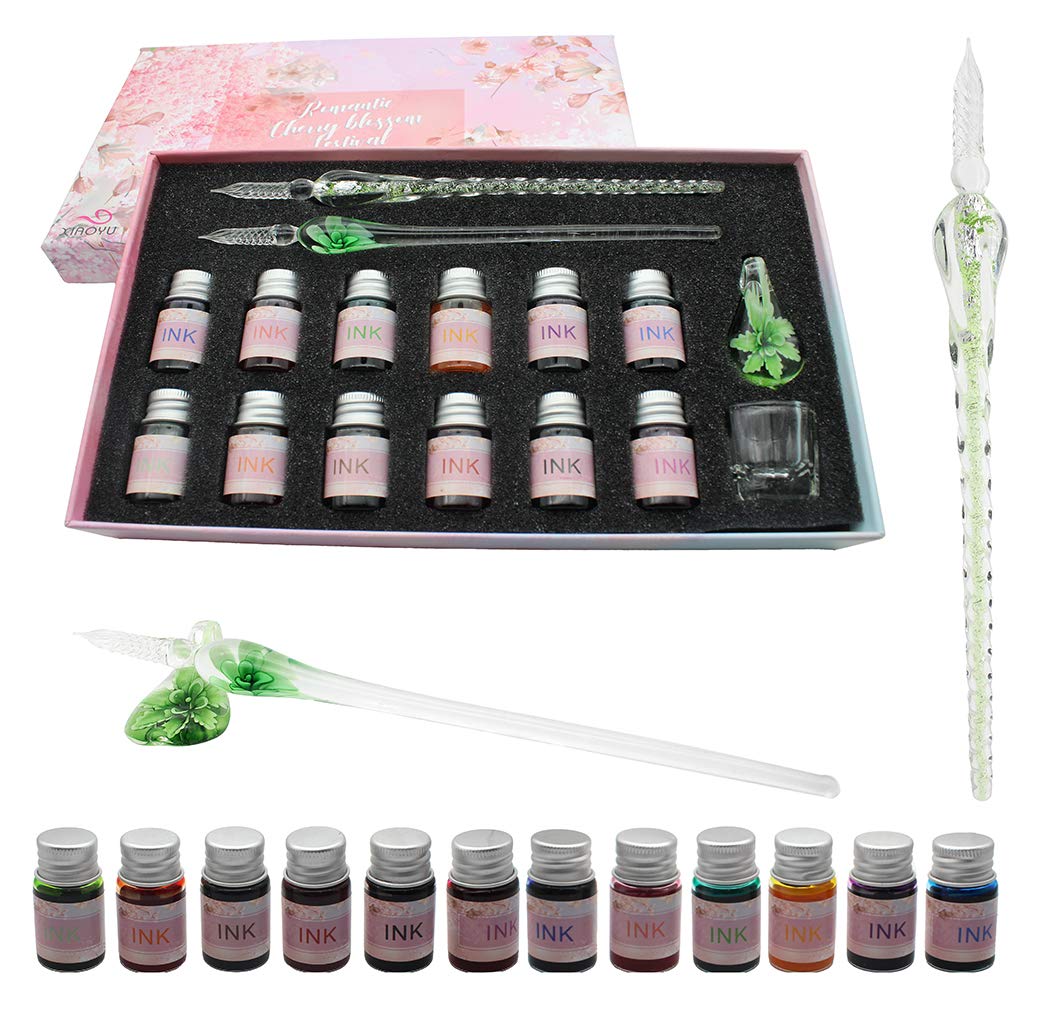 XIAOYU Glass Dip Pen Ink Set, 16 Pieces Calligraphy Pens Set - 12 Colorful Inks, Pen Holder, Cleaning Cup, 2 Crystal Glass Pens for Art, Writing, Drawing, Signature - Green