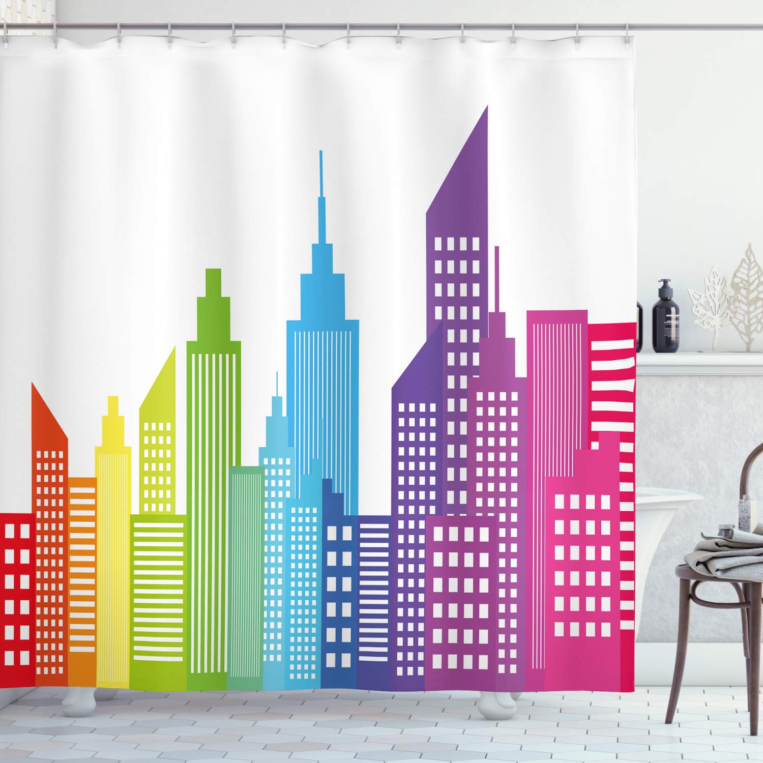 ABAKUHAUS City Shower Curtain, Colorful City Skyline Abstract Skyscraper Silhouettes Geometric Arrangement American, Cloth Fabric Bathroom Decor Set with Hooks, 86 Inches Extra Long, Multicolor