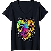 Womens Ram Mouflon Aries Domestic Sheep Wild Sheep Male Sheep V-Neck T-Shirt