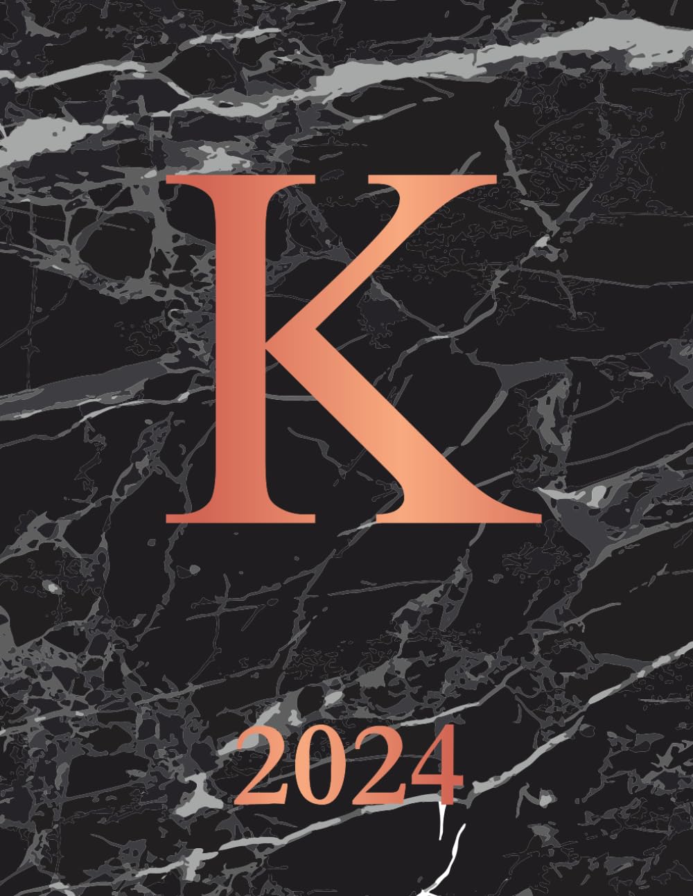 K: 2024. Monogrammed Initial K Weekly Planner Diary For 2024. Black Marble & Rose Gold Cover. Datebook Calendar Schedule