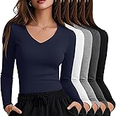 Oakgarden 5 Pack Women's Long Sleeve Under Scrubs V Neck Fitted Undershirts Basic Layering Tops for Nurse