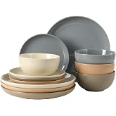 Gibson Home Rockaway 12 Piece Plates and Bowls Matte Outside/Shiny Inside Glaze Service for 4 Dinnerware Set - Assorted Color (Cream, Blue, Beige, Brown) - Dishwasher and Microwave Safe