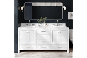 ARIEL Cambridge 72" White Double Vanity, 1.5" Edge Carrara White Quartz Countertop & Splash, Rectangular Sinks, 4 Soft Closing Doors, 6 Full Extension Dovetail Drawers, Brushed Nickel