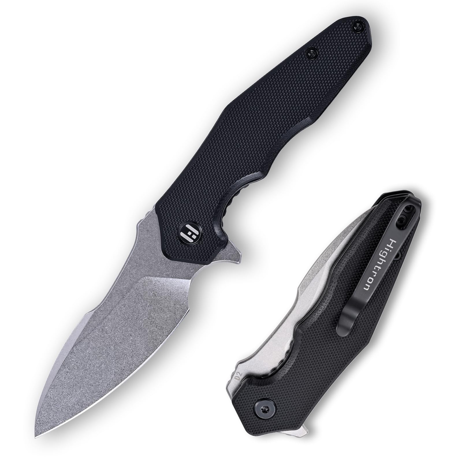Hightron MINI VENTURA Taschenmesser für Herren, Flipper-Klappmesser mit 7.24CM Scharfer Stonewashed-Klinge aus D2-Stahl & G10-Griff, Kleines Taschenmesser mit Taschenclip für den Außenbereich, Schwarz