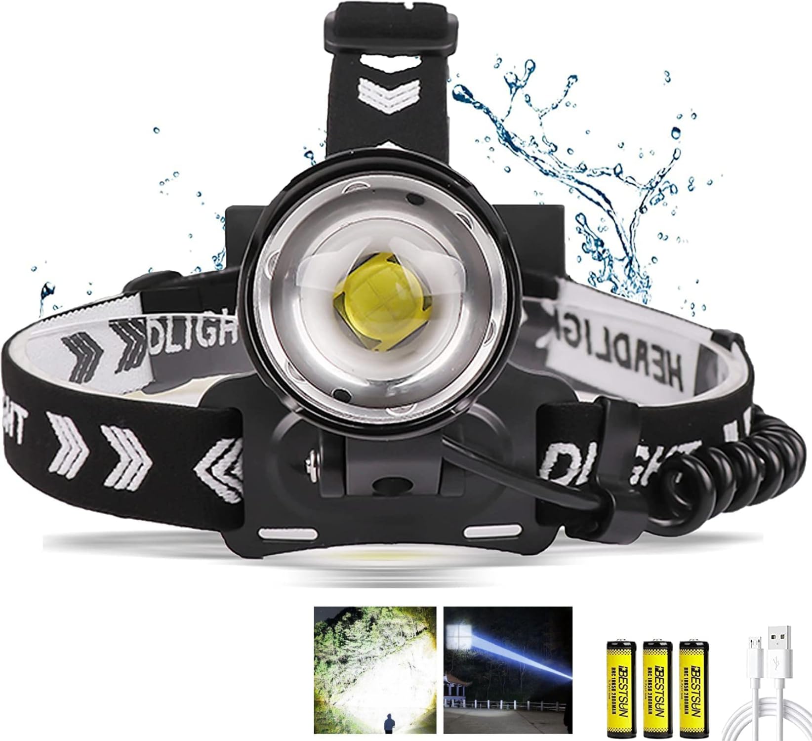 BESTSUN LED Head Torch Rechargeable USB Powerful XHP90 Headlamp, Super Bright 15000 Lumens Headlight Zoomable 3 Modes Head Torches for Work Camping Outdoors and Night Observation