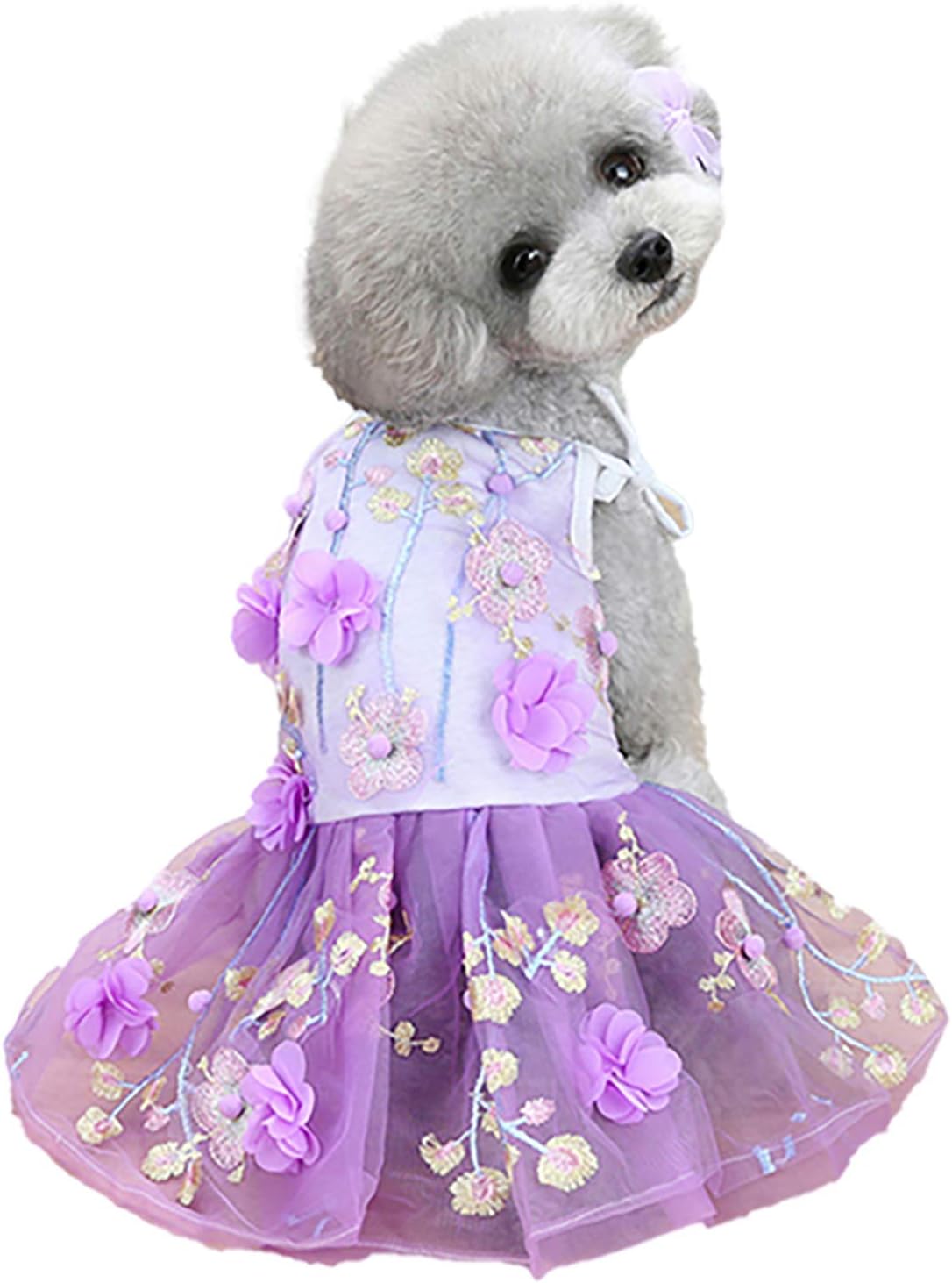 SEIS Flower Lace Dog Dress Cat Princess Suspender Costume Puppy Tutu Floral&Bow Clothes Puppy Embroidery Skirt for Cats Teddy Dog Small Medium Dogs (Purple, M (Chest Circumference 42cm/16.6"))