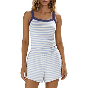 Panadila Women Striped Lounge Set 2 Piece Shorts Sets | Spaghetti Strap Tank Top, Elastic Waisted Shorts, Travel Outfits, Mat