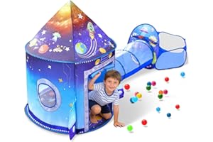 3 in 1 Rocket Ship Play Tent with Ball Pit Tunnel for Kid Astronaut Space 3PC Playhouse Indoor Outdoor Foldable Pop Up Tent S