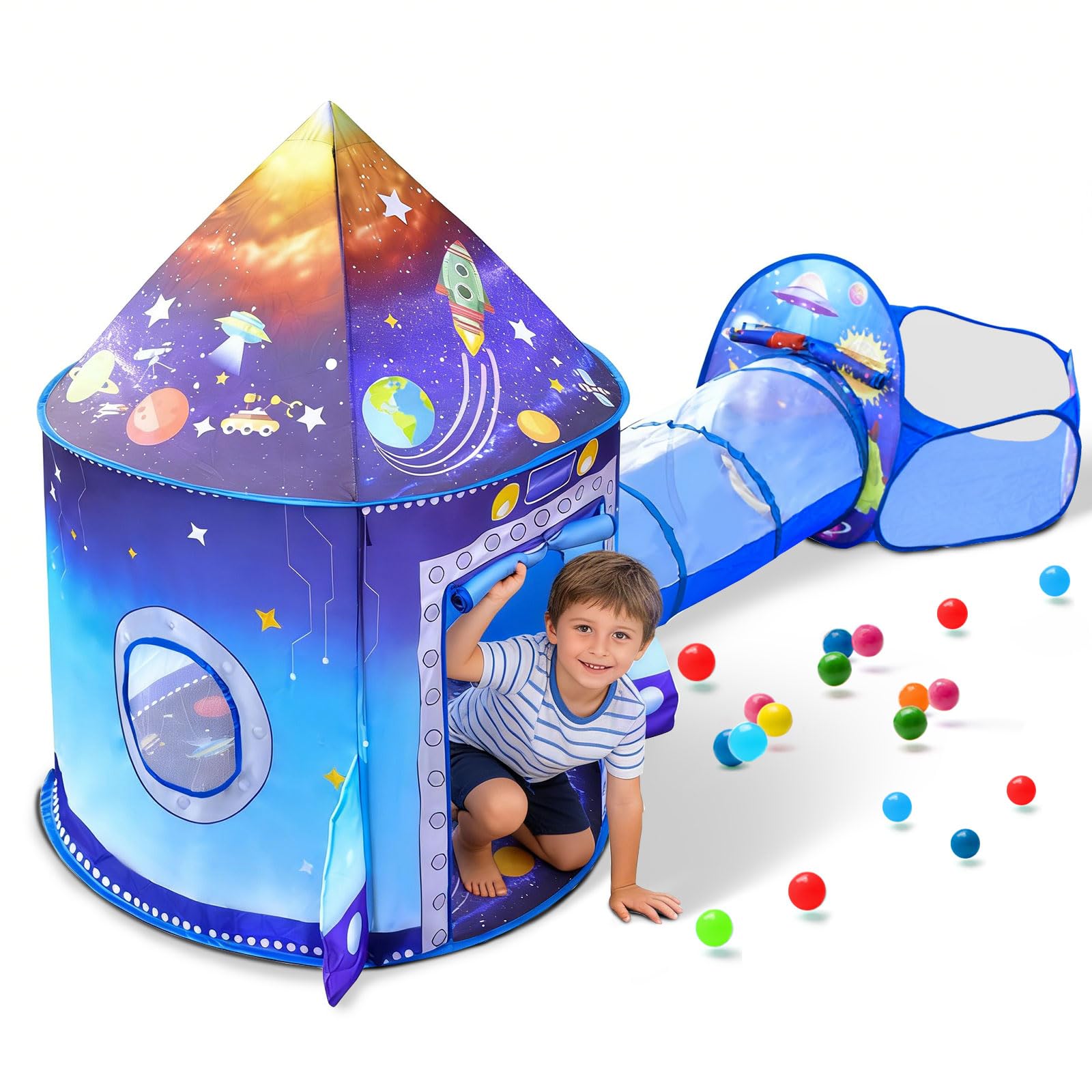 3 in 1 Rocket Ship Play Tent with Ball Pit Tunnel for Kid Astronaut Space 3PC Playhouse Indoor Outdoor Foldable Pop Up Tent Set Bluey Toddler Toys for Boy Girl Baby Child Birthday Party