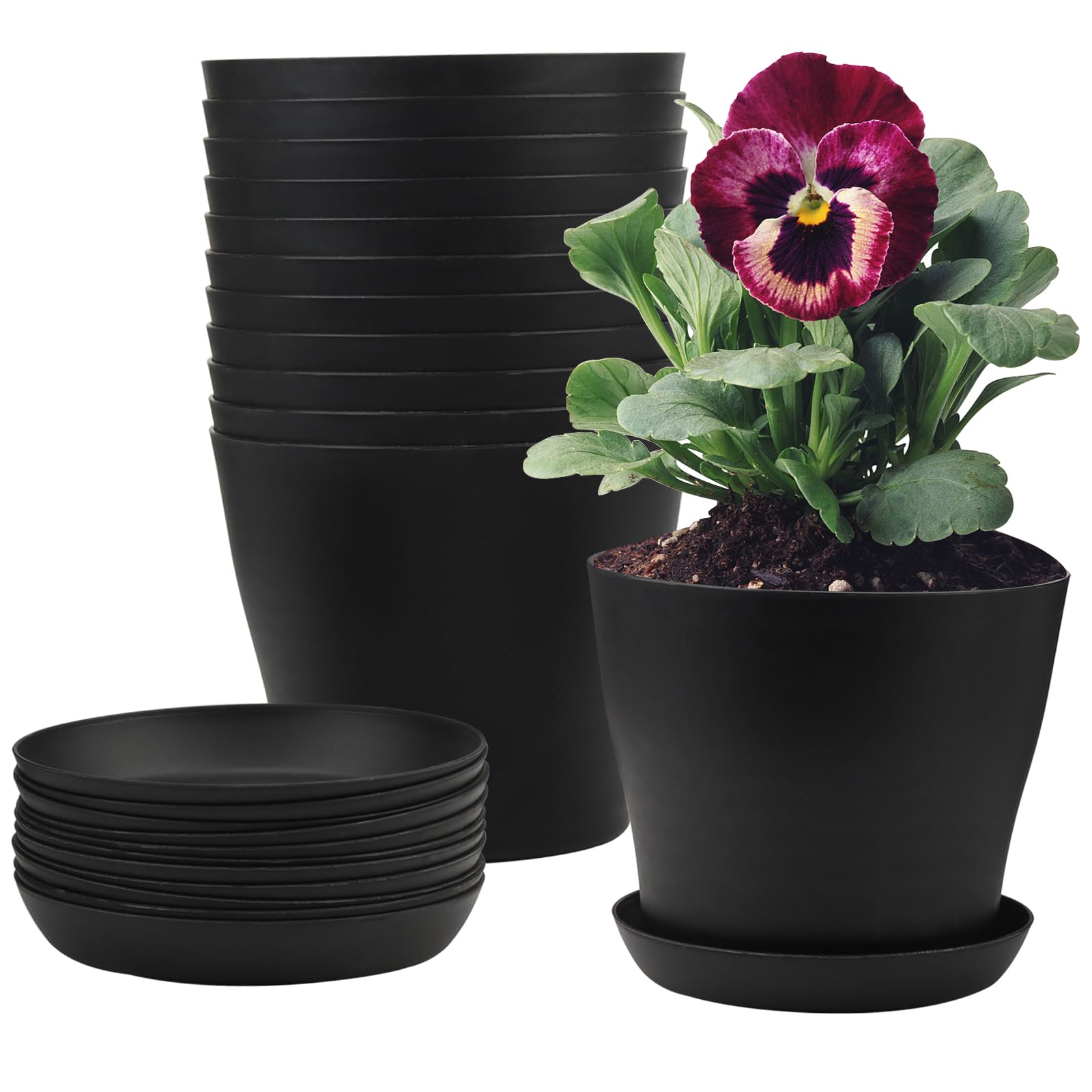 DAKFOOK 12 Pack 17cm Plastic Plant Pots, Black Flower Pots with Trays and Drainage Holes, Plastic Planter Containers for Indoor and Outdoor