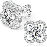Tunzug Four Leaf Clover Moissanite Stud Earrings for Women 0.7-3ct D Color VVS1 Lab Created Diamond 925 Sterling Silver 18K Gold Plated Flower Halo Hypoallergenic Jewelry for Anniversary Valentines