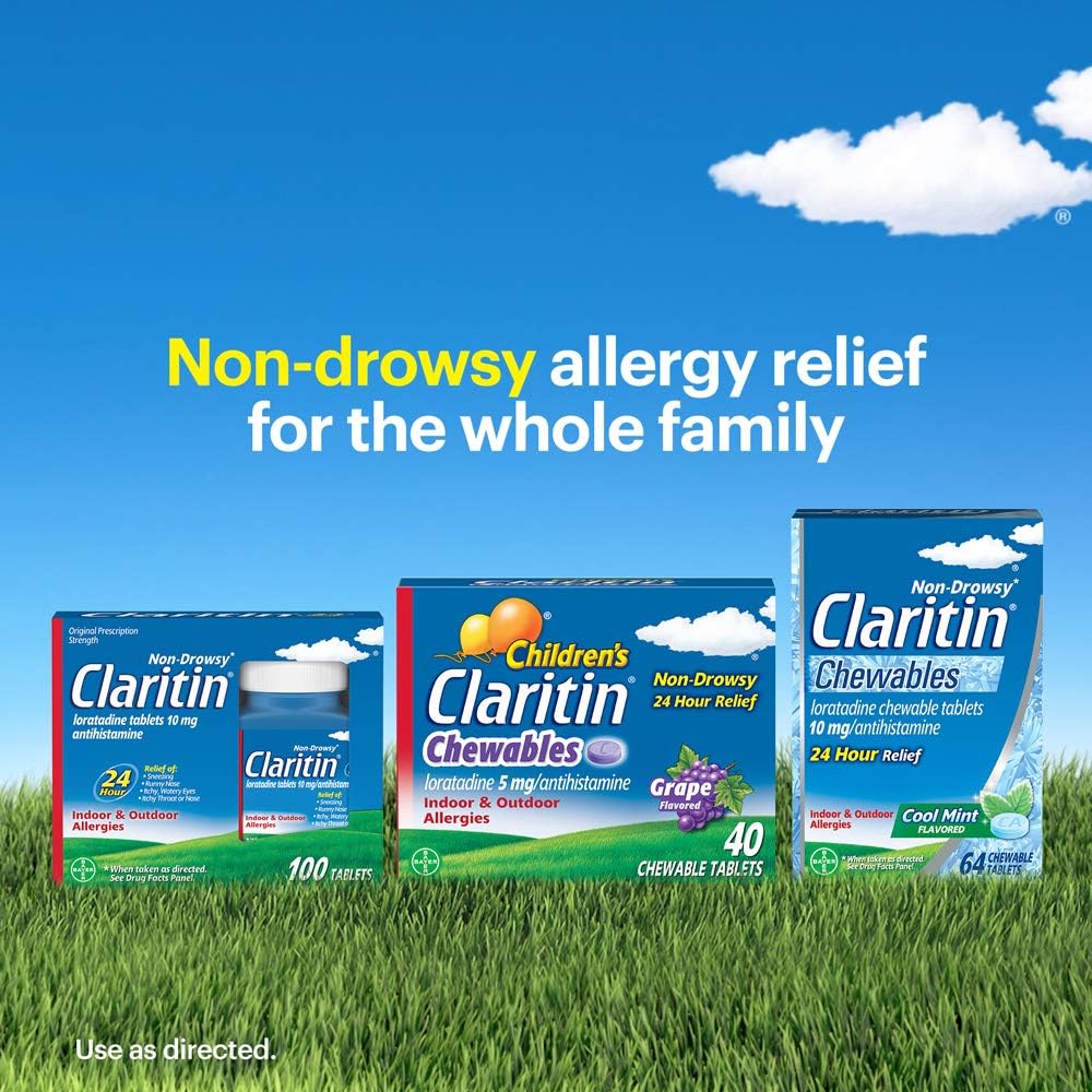 Claritin 24 Hour Chewable Allergy Relief, Non-Drowsy Allergy Medicine, Loratadine Antihistamine, Cool Mint Flavored Tablets, 64 Count: Health & Personal Care
