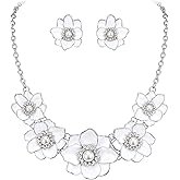 Flyonce Flower Necklace for Women, Summer Boho Flowers Statement Collar Floral Bib Choker Necklaces with Stud Earrings