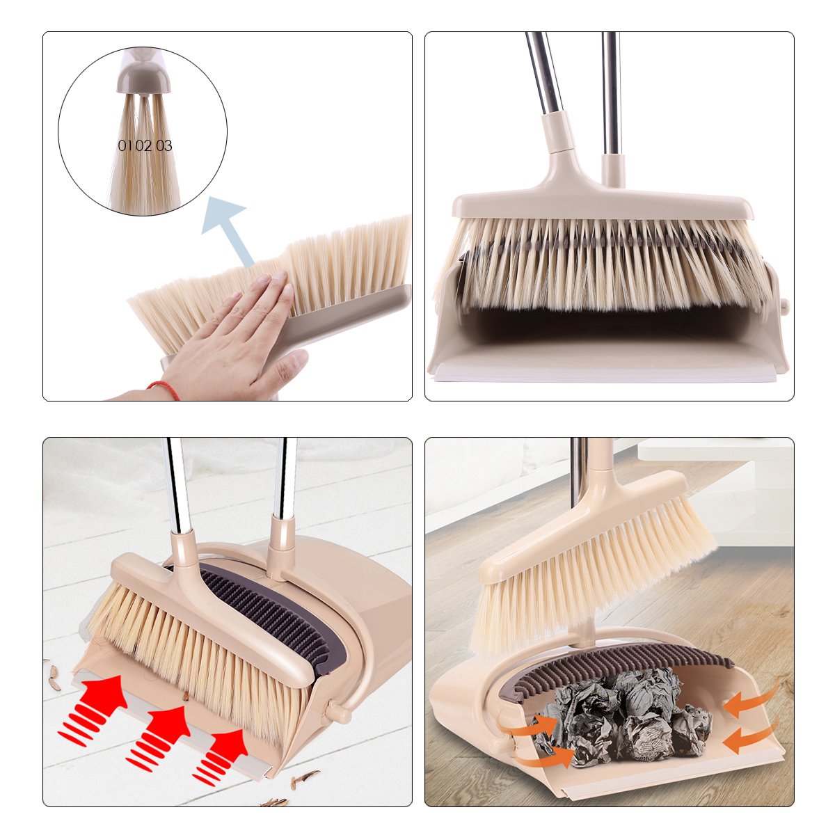 Dust Pan and Broom Set with Long Handle Combo Standing Upright Sweep Use for Pet Dog Hair Home Kitchen Office Lobby Floor