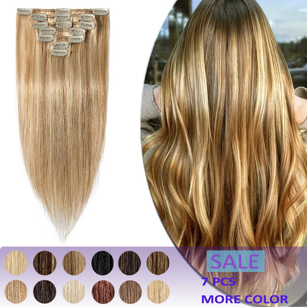 Human Hair Clip in Extensions 20 Inch Long 7pcs Clips on Hairpieces Thin Strong Machine Weft 70g Silky Straight Hair for Women Highlight #12/613 Golden Brown Mix Dark Blonde