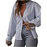 WDIRARA Women's Striped Button Down Shirt Leopard Ruffle Trim Long Sleeve Blouse Dressy Tops