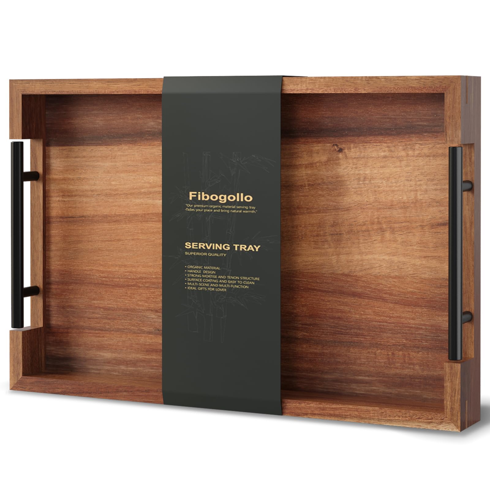 Photo 1 of Fibogollo Acacia Wood Serving Tray with Metal Handles,15x10in Ottoman Decorative Trays Platter for Coffee Table,Living Room,Bar,Party(Medium)