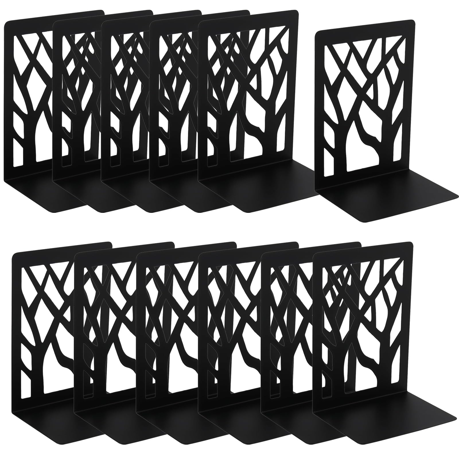 HAKZEON 12 PCS Black Heavy Duty Book Ends, 6 Pairs Decorative Tree Design Book Stopper Supports, Metal Bookends with Non-slip Pads for Shelves