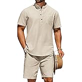 COOFANDY Men's 2 Piece Cotton Linen Sets Summer Beach Outfits Casual Short Sleeve Henley Shirts and Vacation Shorts