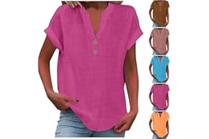 OPLXUO Linen Shirts for Women Cotton Button Up Shirt Short Sleeve Roll Up Loose Fit V-Neck Summer Casual Work Blouse Tops