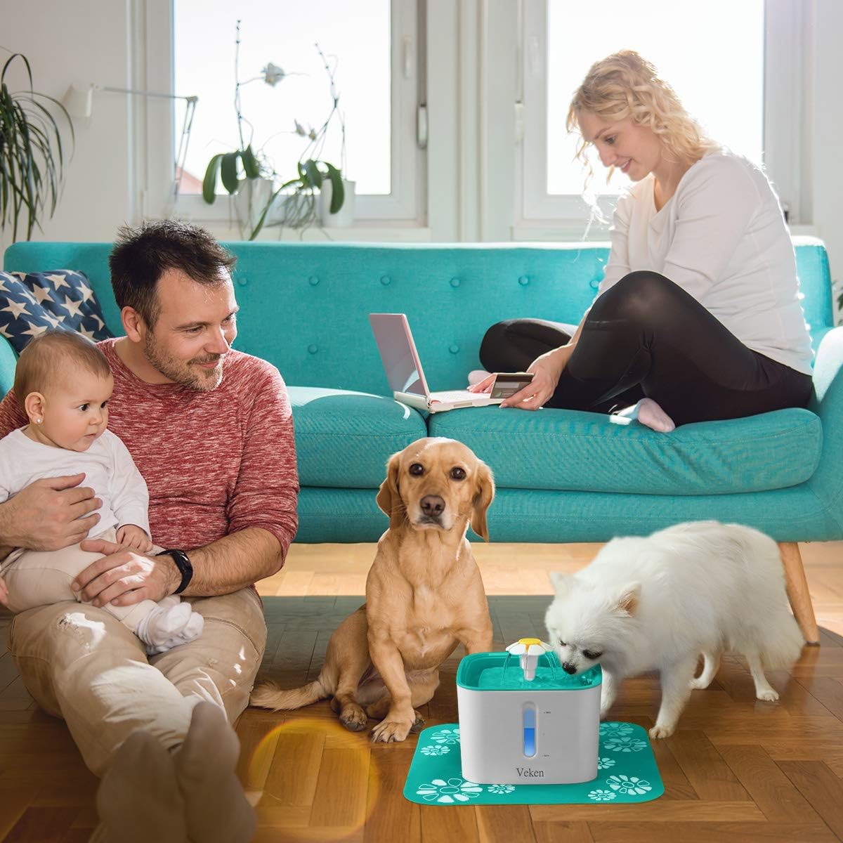 Pet Supplies : Veken Cat Water Fountain, 2.5L Automatic Pet Water Fountain Dog Water Dispenser with 3 Replacement Filters 1 Silicone Mat for Cats and Small to Medium Dogs (Cyan) : 