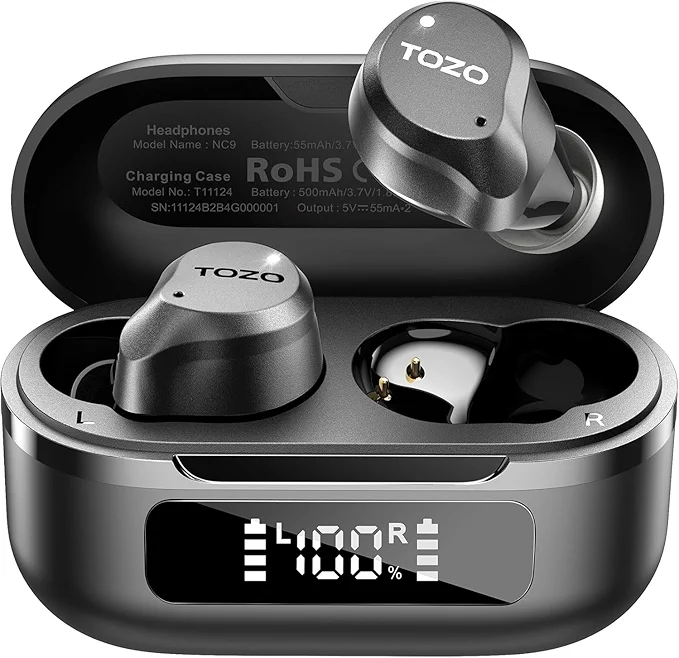 TOZO NC9 Hybrid Active Noise Cancelling Wireless Earbuds, 6 Mics ENC Clear Call, IPX8 Waterproof, in Ear Bluetooth 5.3 Headphones Stereo Bass Ear Buds 59H Playtime with LED Display 32 EQs via APP