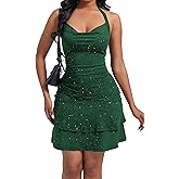 Women's Summer Halter Sleeveless Square Neck Backless Runched Ruffle Hem Mini Sexy Club Party Dress