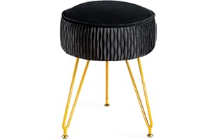MOOWIND Vanity Stool for Makeup Room Bedroom, Modern Multifunctional Vanity Stools Chair Round Ottoman Velvet Upholstered Seated Foot Rest Dressing Stool with Golden Leg, Side Table End Table, Black