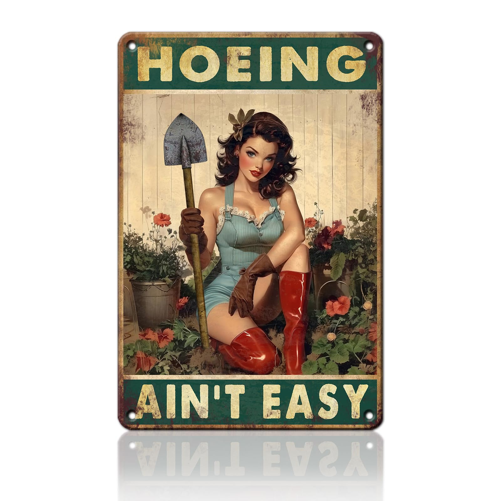 PEACHGARDEN Garden Signs for Outside Hoeing Ain't Easy Funny Garden Metal Signs Wall Decor Aluminum Yard Art for Patio Backyard Greenhouse 8x12 Inch