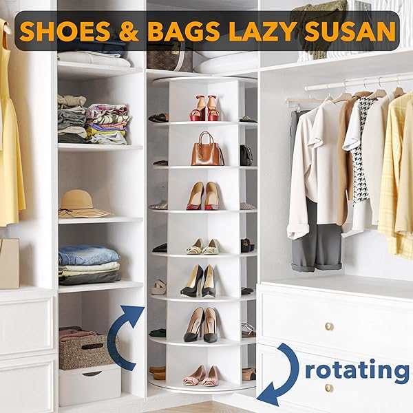 SPACEAID 7 TIER ROTATING SHOE RACK TOWER, SPINNING SHOE DISPLAY LAZY SUSAN, REVOLVING 360 SHOE RACK STORAGE ROUND CAROUSEL, VERTICAL HANDBAG ROTATE SHOES CLOSET ORGANIZATION (7-TIER WHITE)