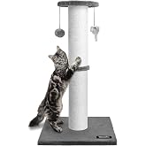 Ahomdoo 34-Inch Tall Cat Scratching Post for Large Cats, Stable Base, Gray | Heavy-Duty Cat Scratcher, Extra-Tall Thick Post, Soft Natural Cotton Rope, Hanging Interactive Cat Toys, Indoor Cat Furniture