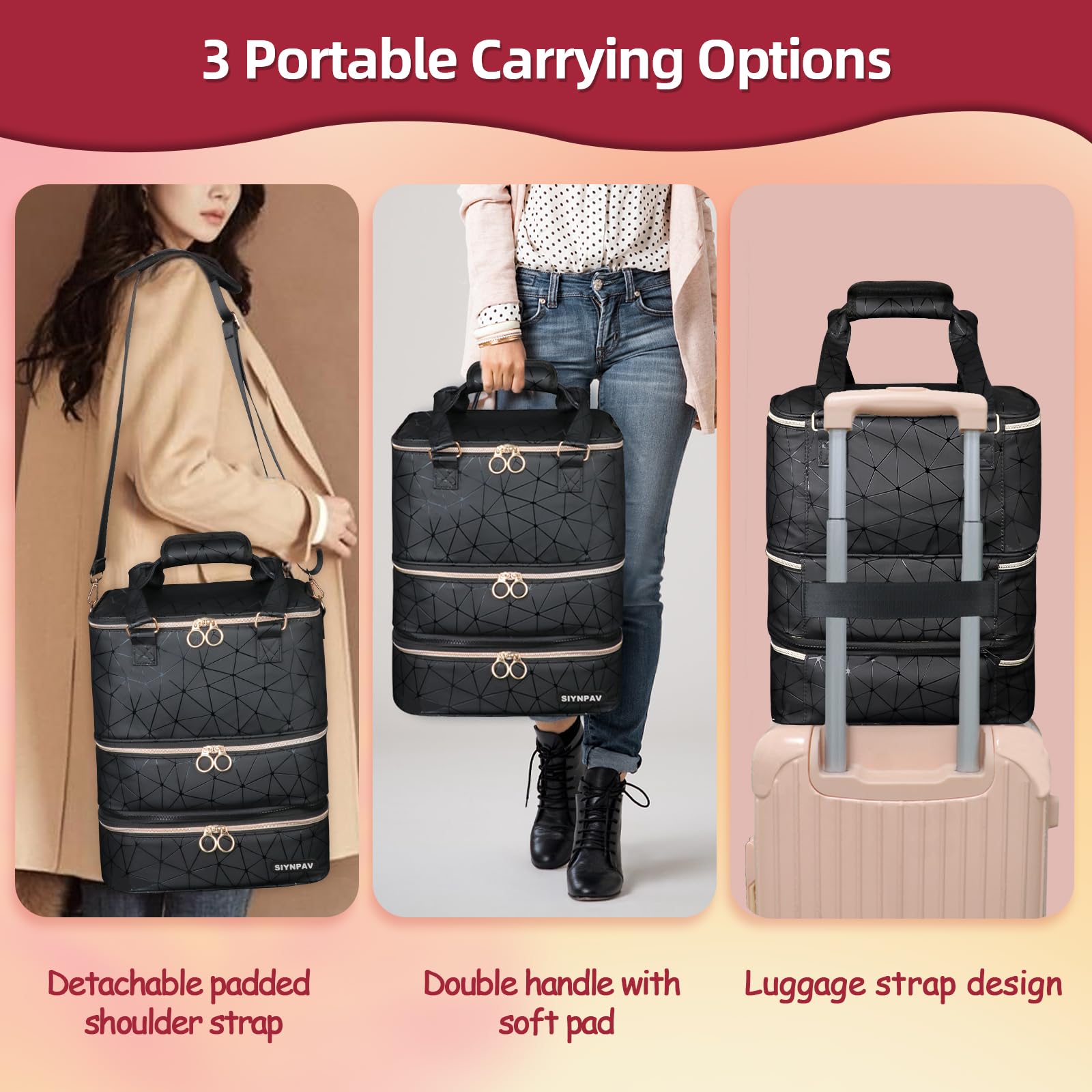 Nail Polish Organizer Bag Holds 84 Bottles (15ml/0.5fl.oz)& Nail Lamp, 3 Layers Detachable Nail Kit Storage Case PU Leather, Large Travel Nail Supplies Shoulder Bag for Manicure Tools (Black)