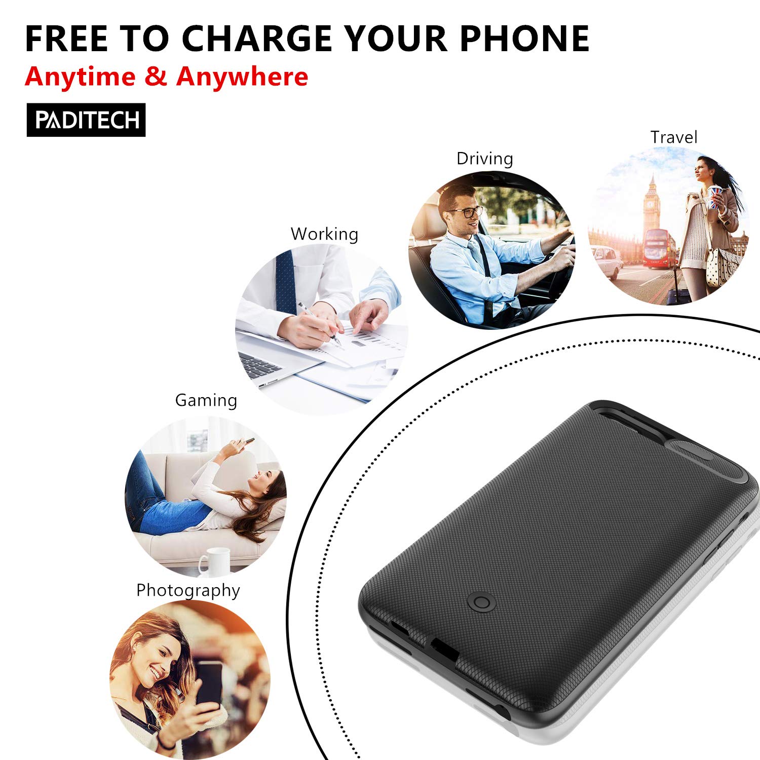 PADITECH 6000mAh Akku hülle für iPhone 8/iPhone 7/iPhone 6/6s, Kamera Schutz Design, Ladegerät Batterie Hülle Zusatzakku Schwarz Power Bank für iPhone 6/6S/7/8 Akku hülle, Schwarz [4,7 Zoll]