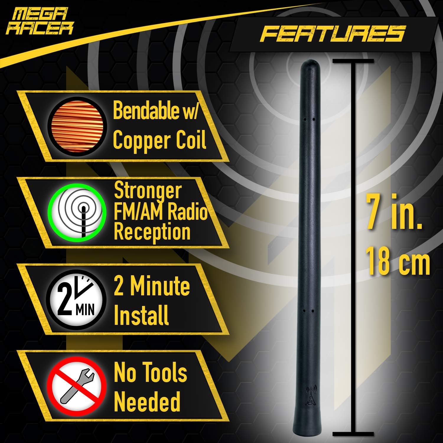 Mega Racer Bending Truck Antenna - 7.0 Inch AM/FM Compatible, Universal Fit for Trucks and Cars, Rubber Antenna with Anti-Theft Design and Car Wash Safe - Black: Automotive